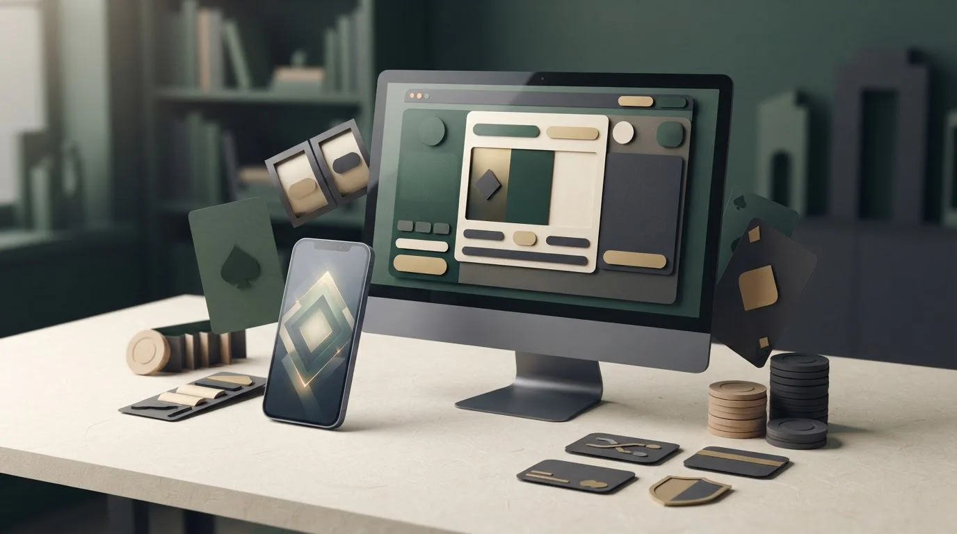Windetta su smartphone e desktop con simboli astratti di giochi e pagamenti